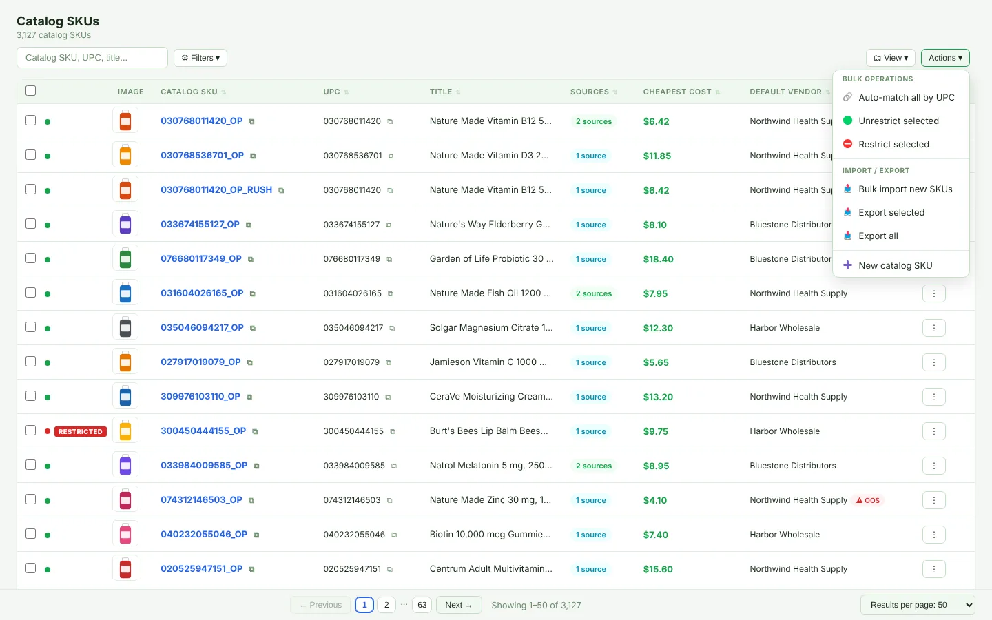 Catalog SKUs list with the Actions menu open