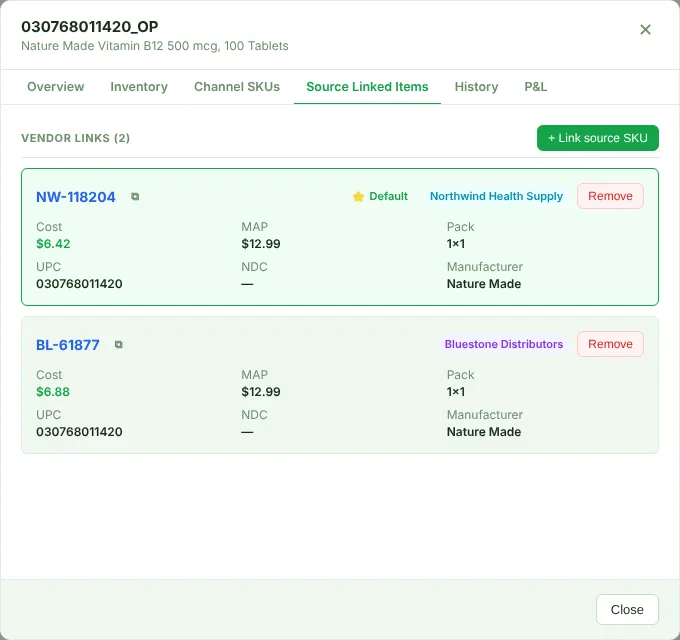 Source Linked Items tab with two vendors