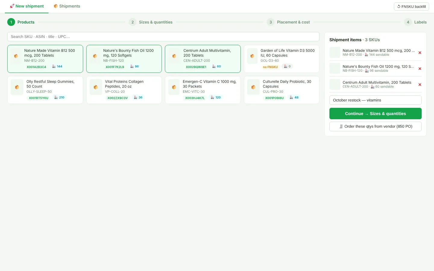 Step 1, picking products for a new FBA shipment