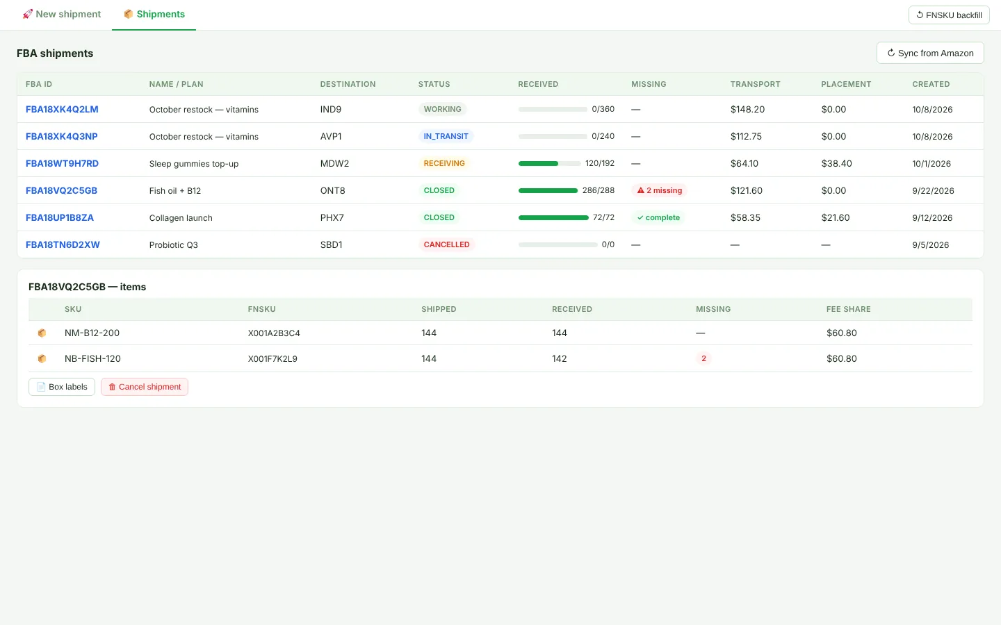The Shipments tab with an expanded shipment