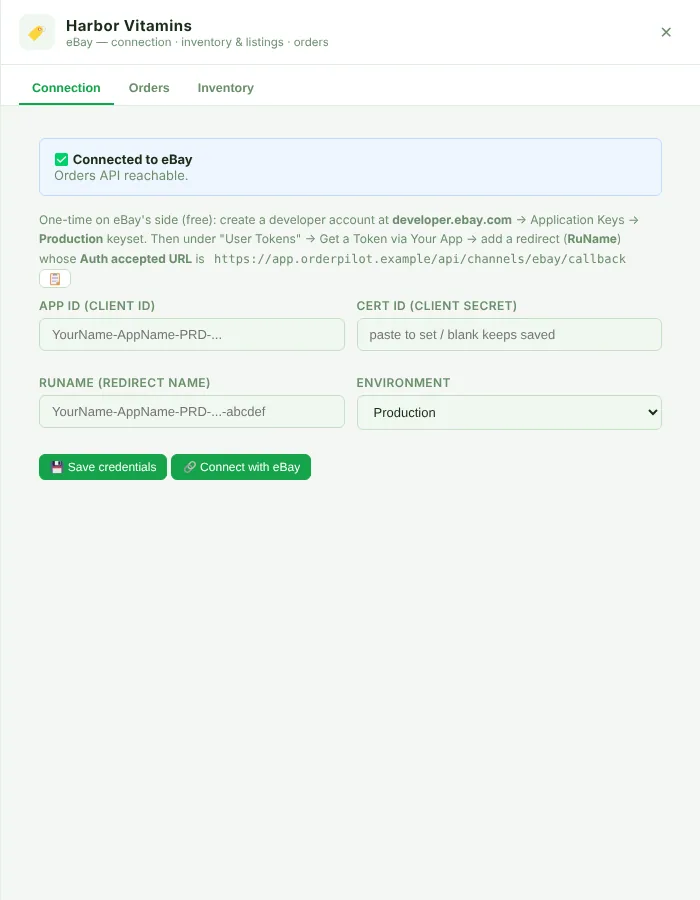 eBay Connection tab