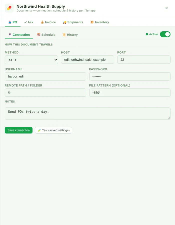 EDI Connection sub-tab