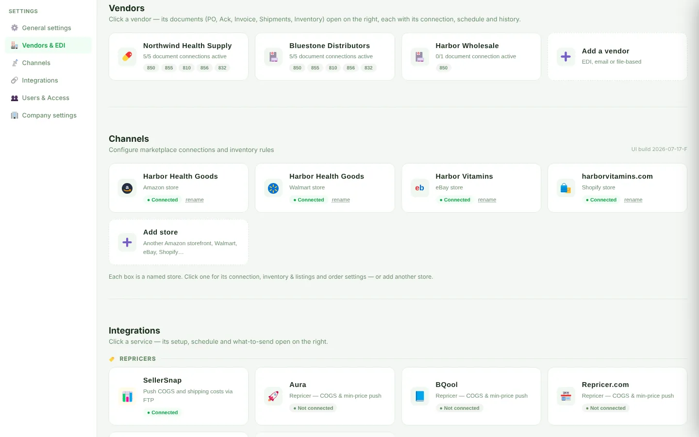 Vendors & EDI with one box per vendor