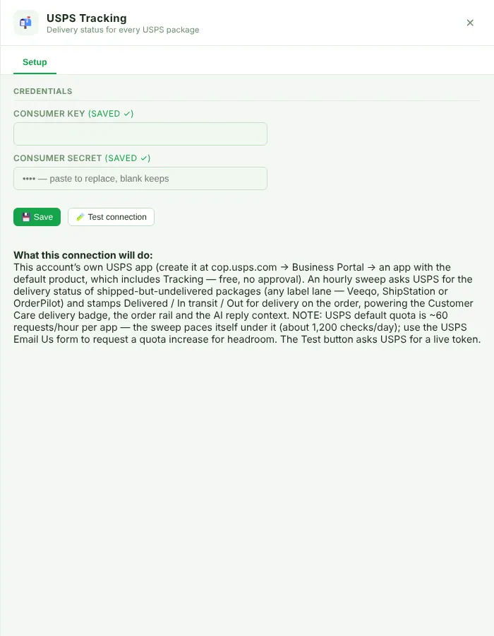 USPS Tracking setup panel