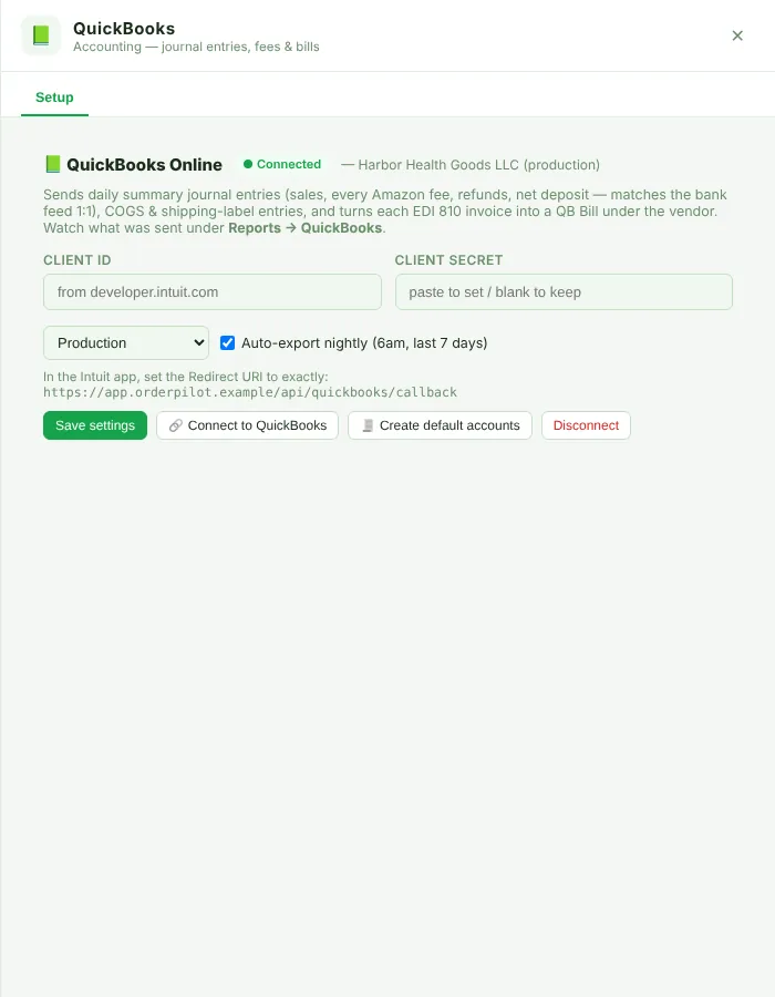 QuickBooks Setup tab