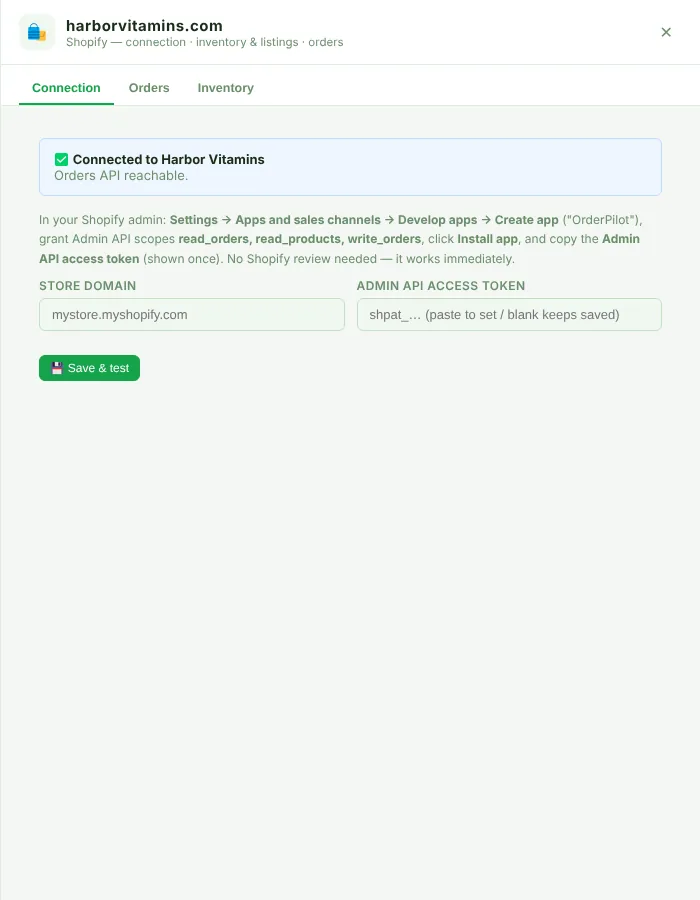 Shopify Connection tab