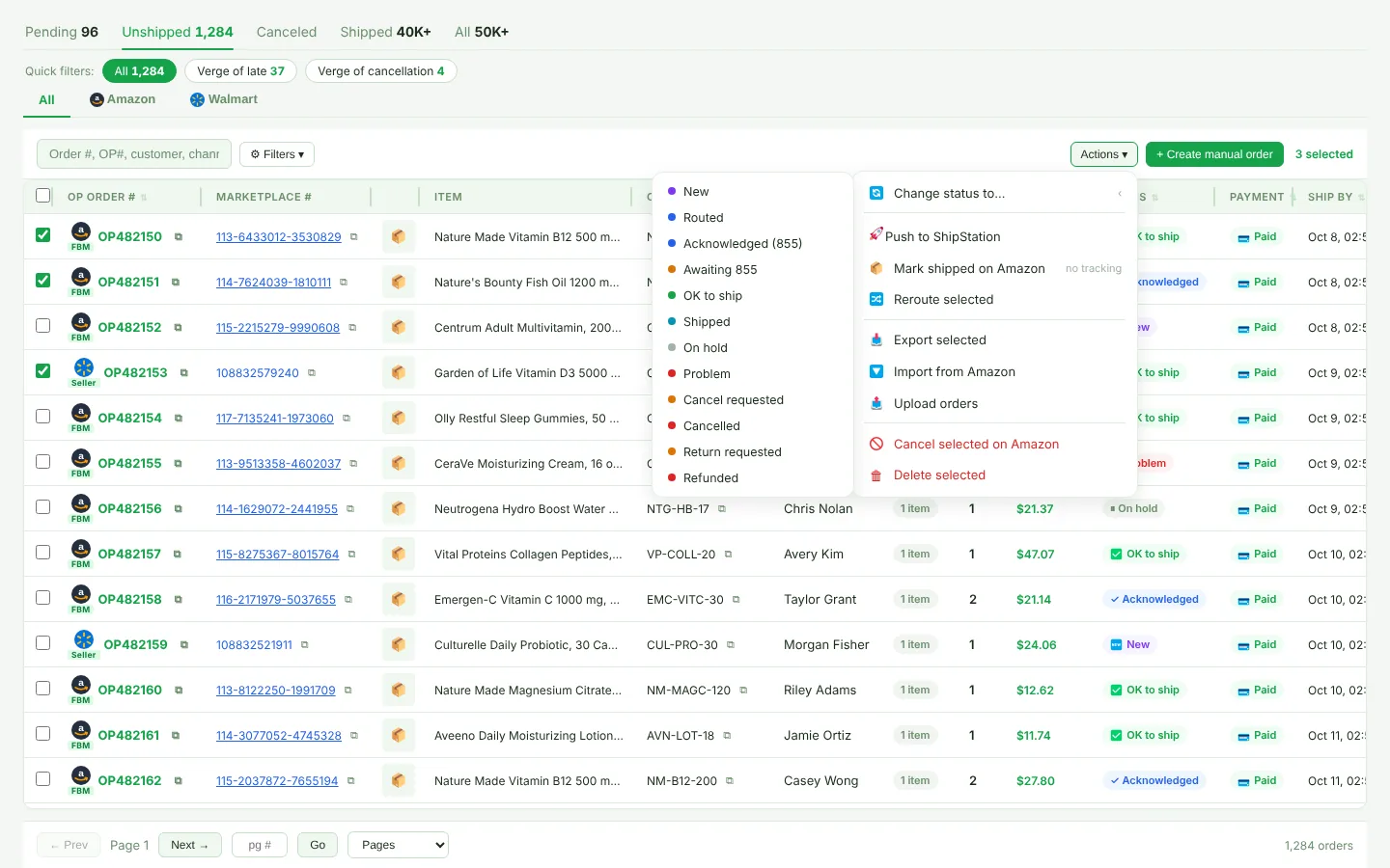 The Actions menu with the Change status list open