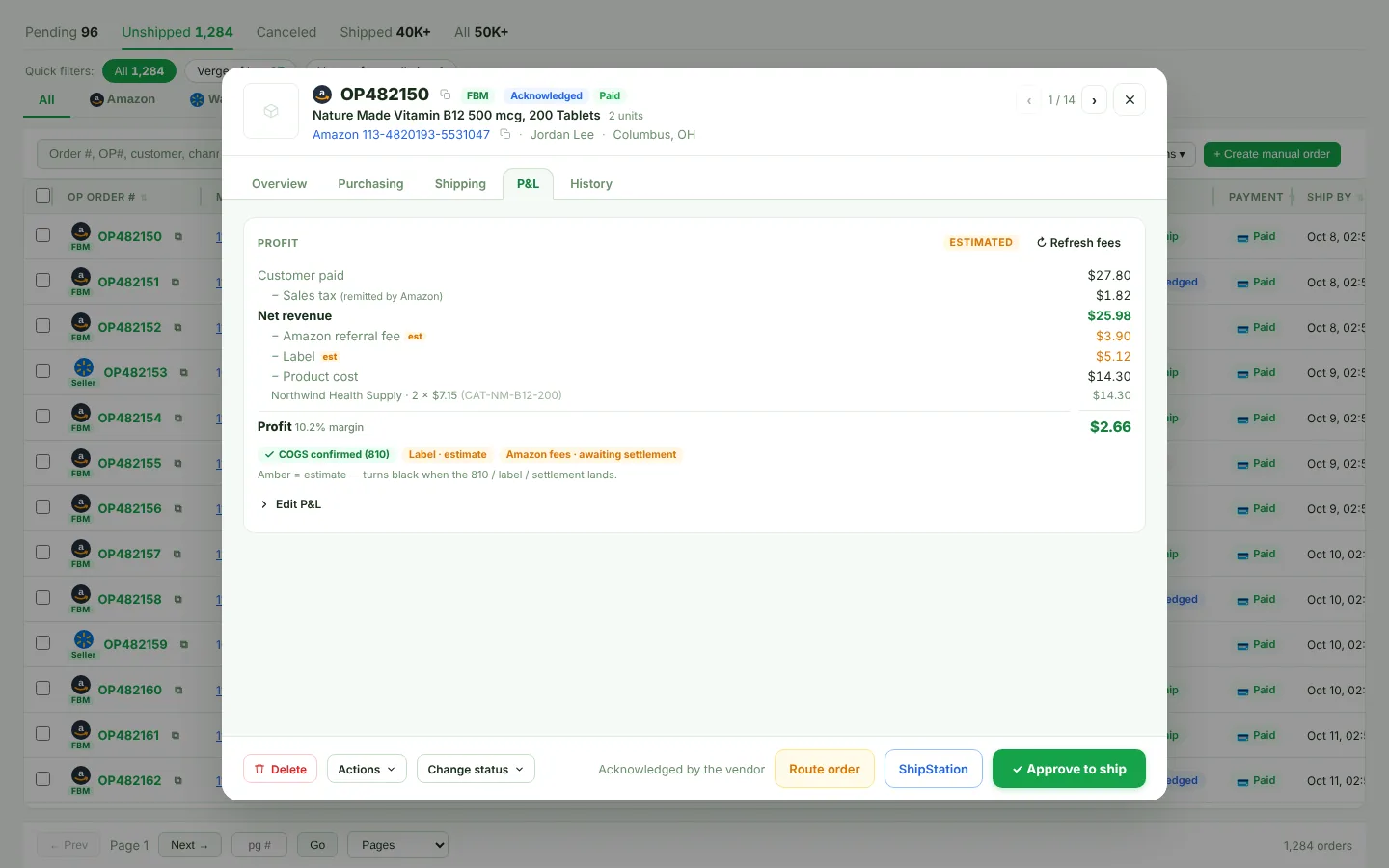 Order window on the P&L tab