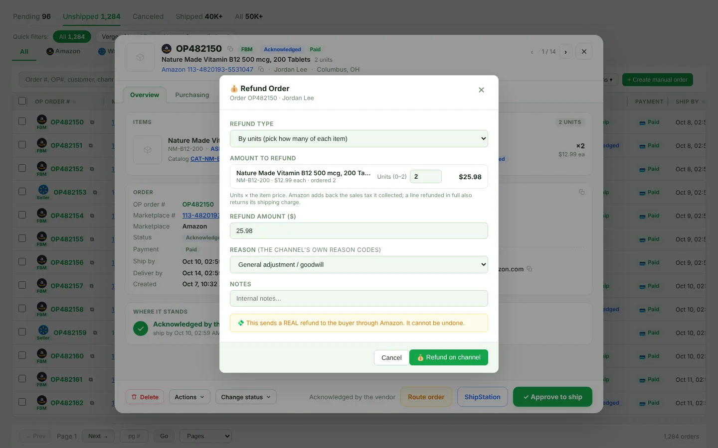Refund Order dialog