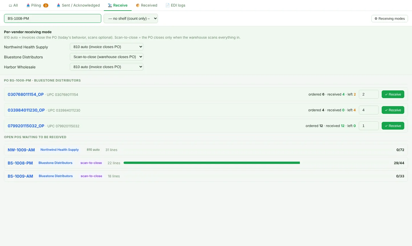 Receive tab with a scanned PO and the receiving modes panel
