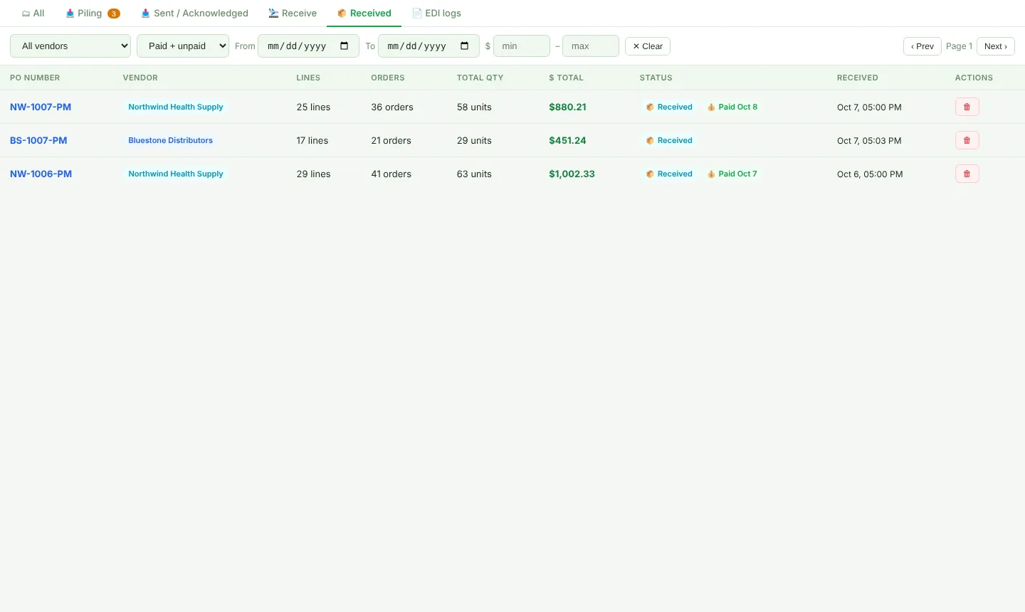 Received POs with filters