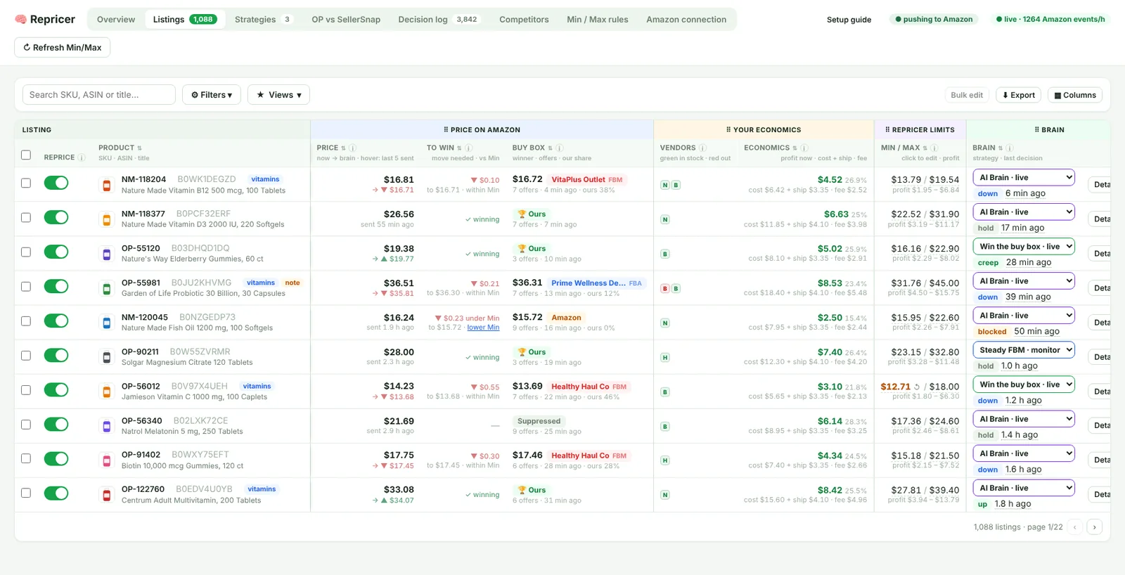 Repricer Listings tab