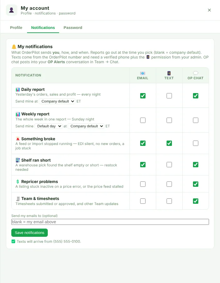 My account, Notifications tab