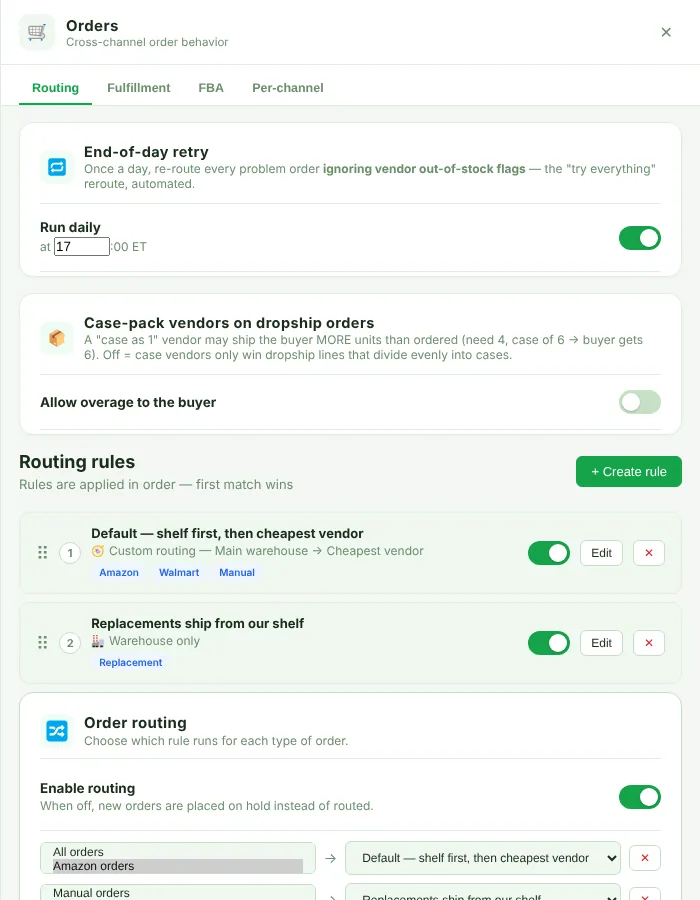 Orders panel, Routing tab