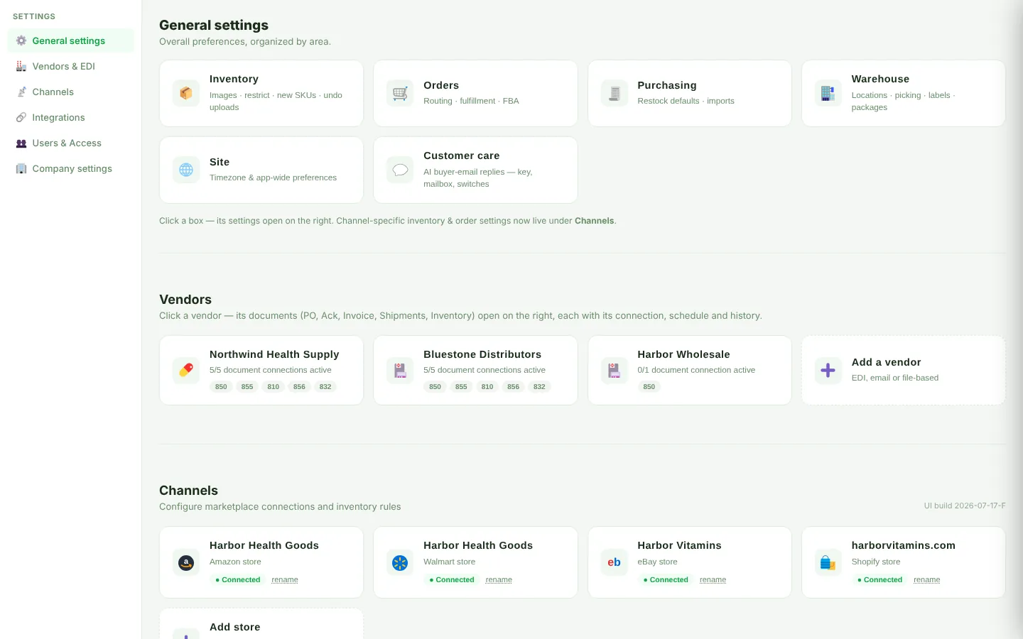 The Settings page with General settings, Vendors and Channels