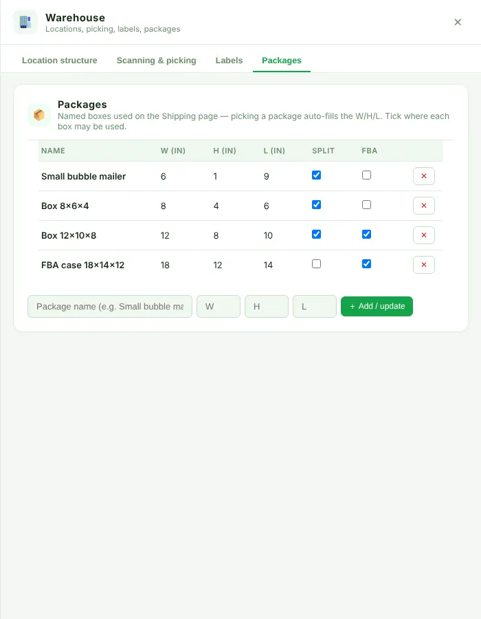 Warehouse panel, Packages tab
