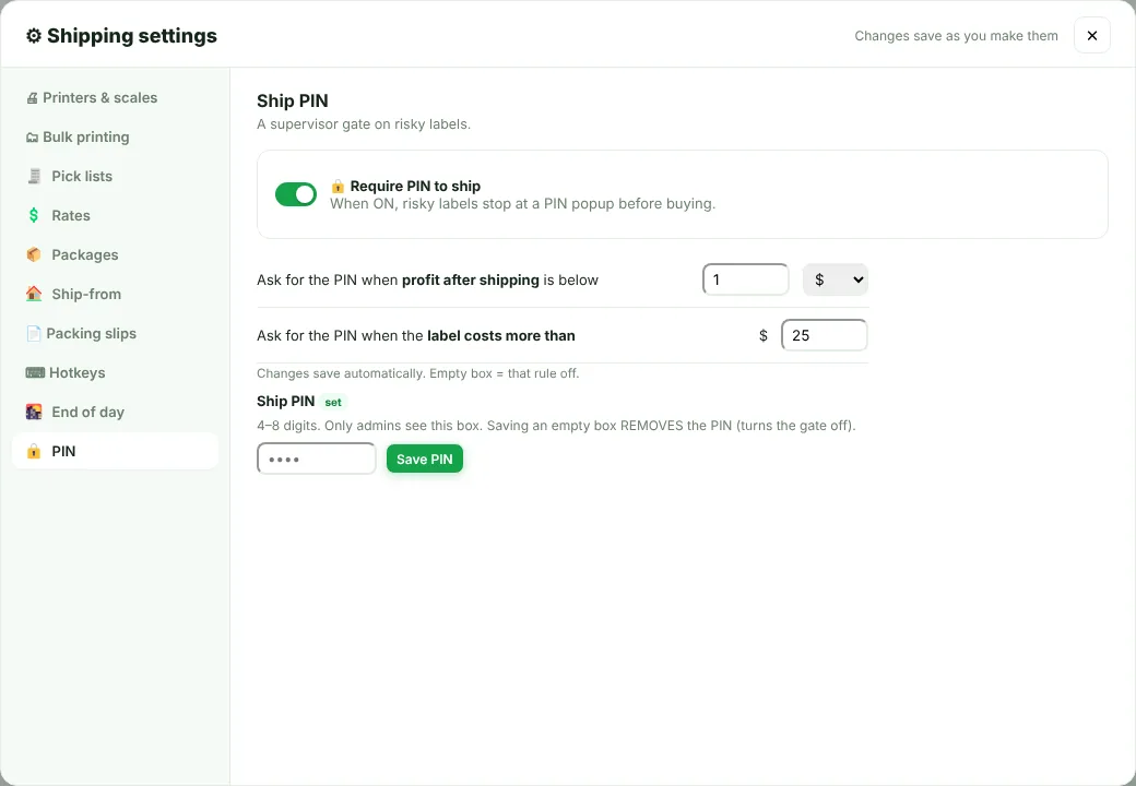 Ship PIN settings
