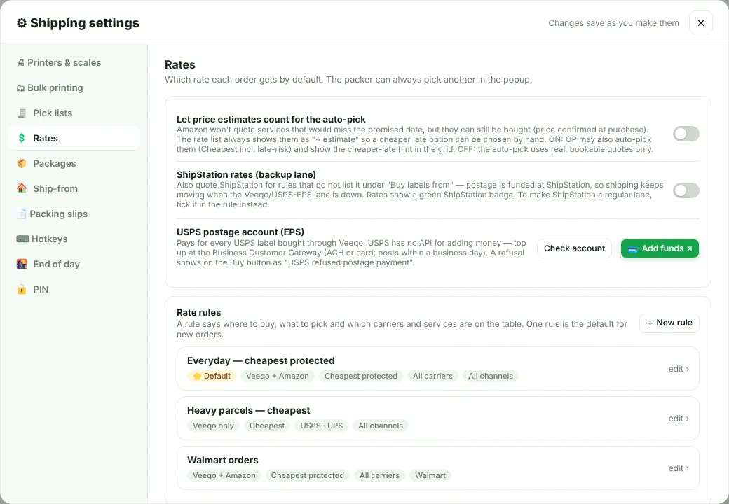 The Rates settings with three rate rules