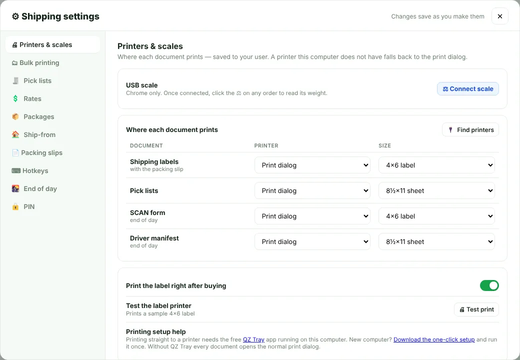 Printers & scales settings