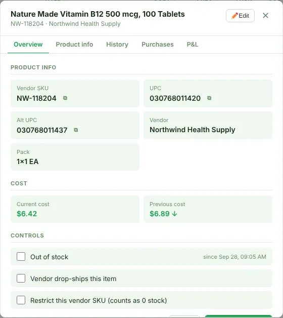Source SKU details window, Overview tab