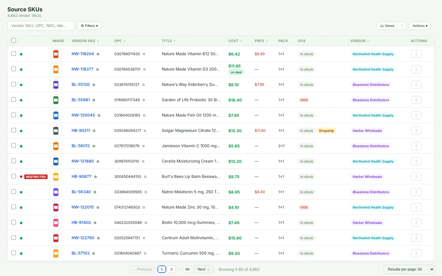 Source SKUs list with vendor items, costs and stock