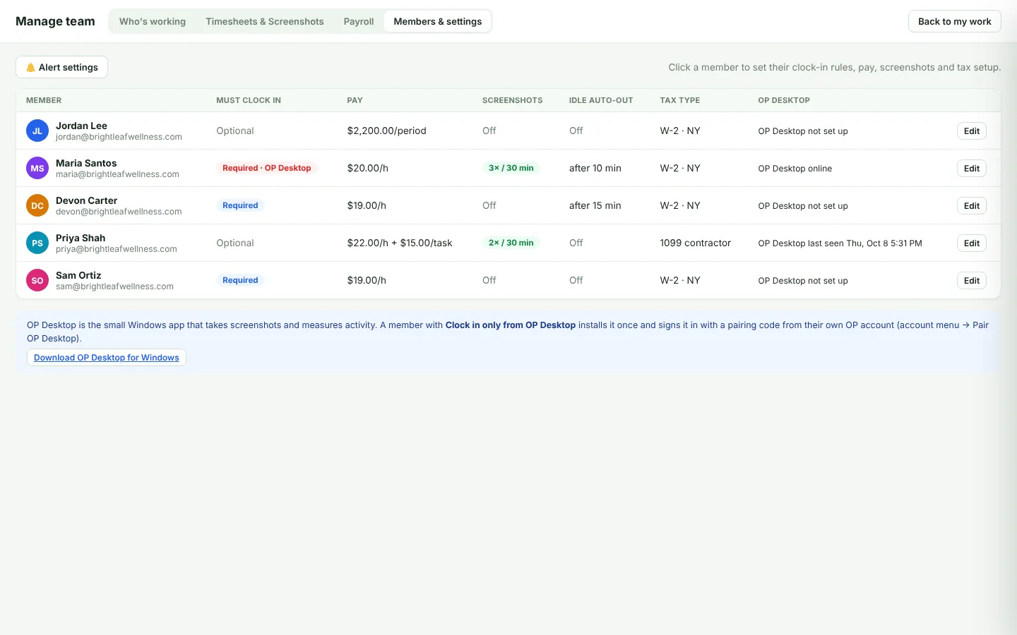 Members and settings